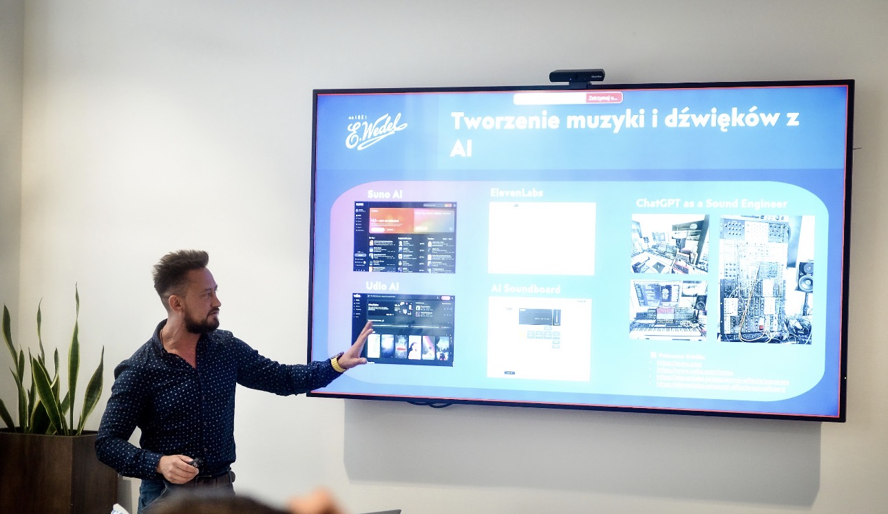AI music tools workshop at E. Wedel showing Suno, ElevenLabs, Udio